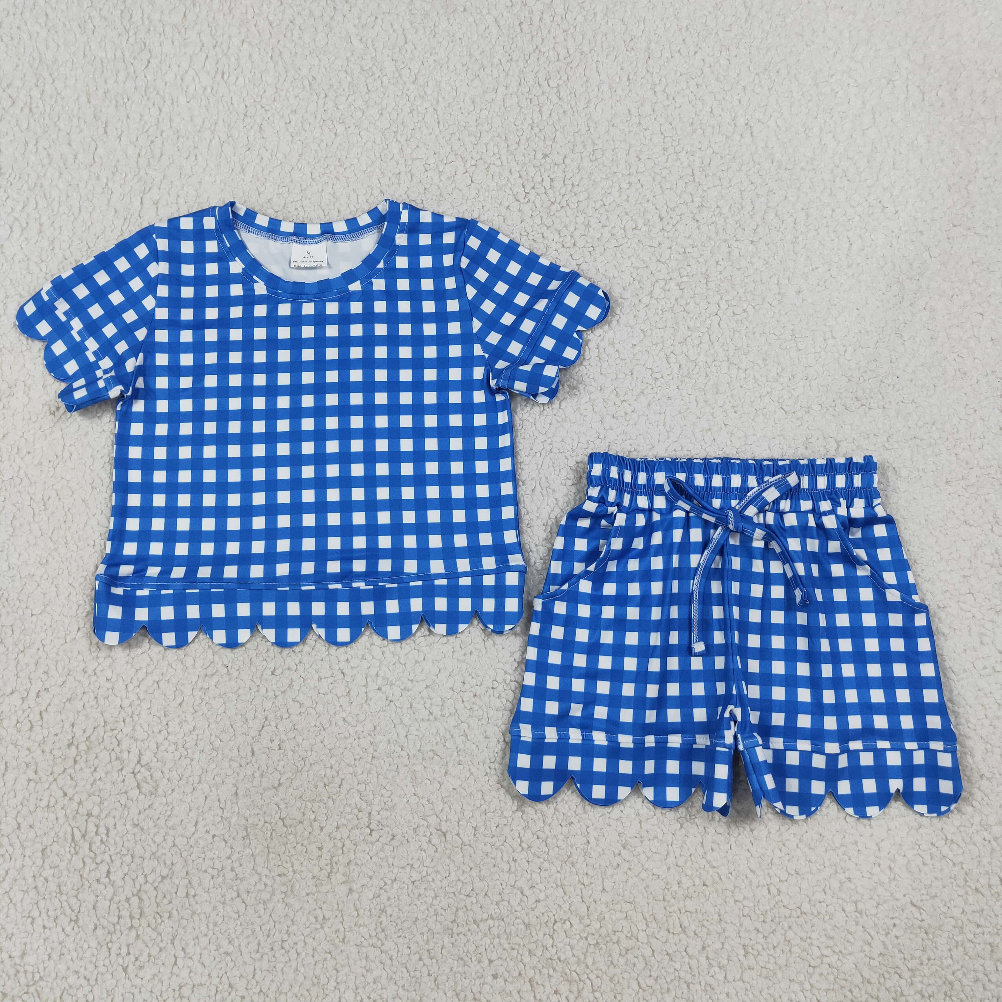 GSSO3837 Blue white plaid Print Short sleeve girl SCALLOP  outfits