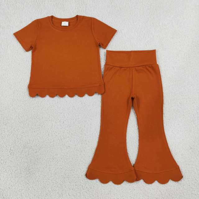GSPO2345 Terracotta Orange Solid scallop Print short sleeve girl scallop outfits