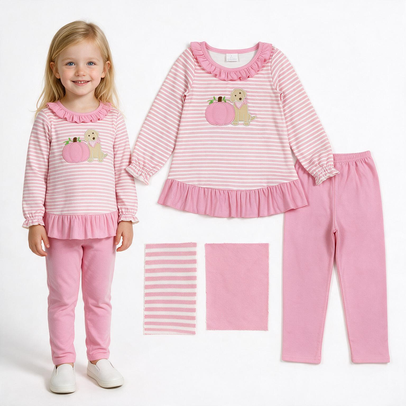 GLP3480 Pink stripe pumpkin puppy embroidery long sleeve girl outfits