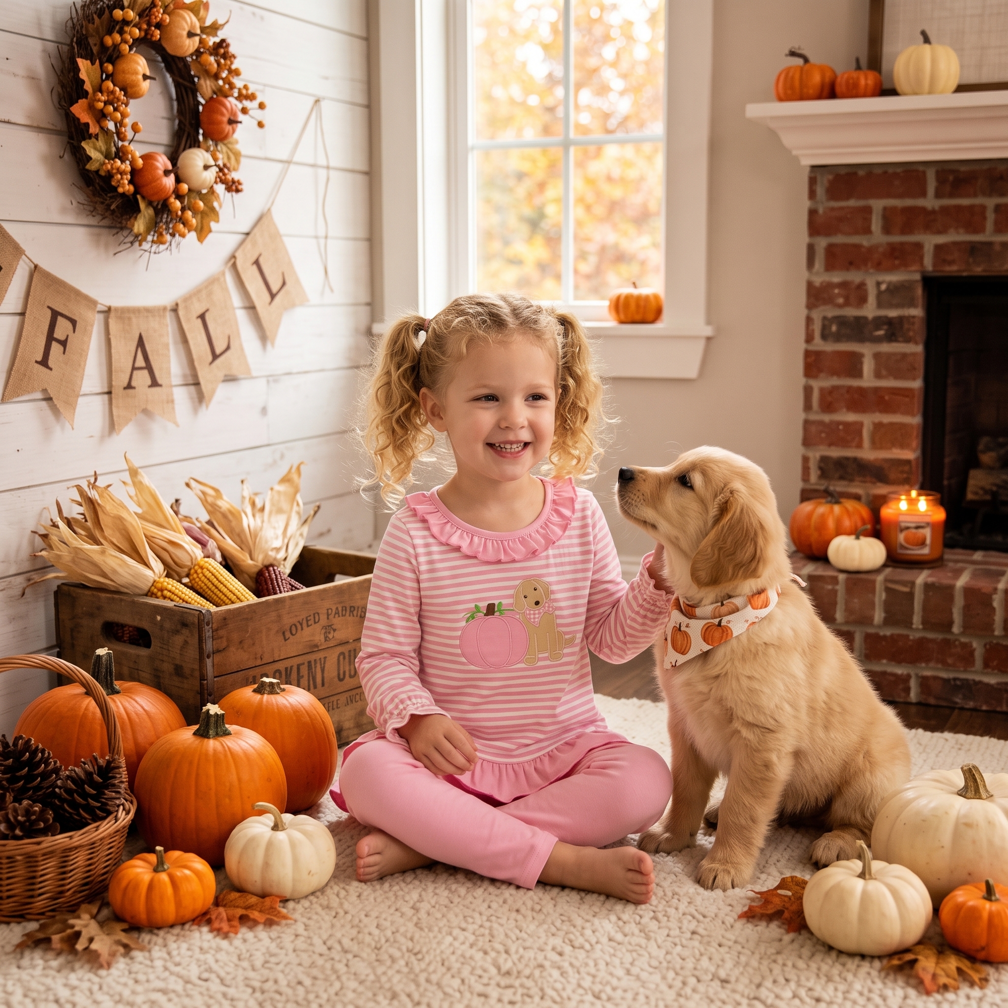 GLP3480 Pink stripe pumpkin puppy embroidery long sleeve girl outfits