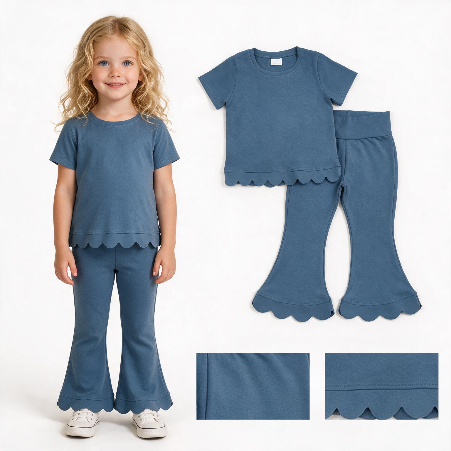 GSPO2339 Dusty BlueSolid scallop Print short sleeve girl scallop outfits