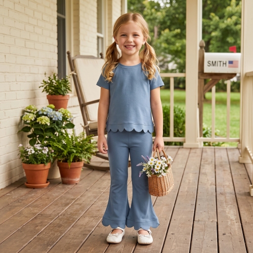 GSPO2339 Dusty BlueSolid scallop Print short sleeve girl scallop outfits
