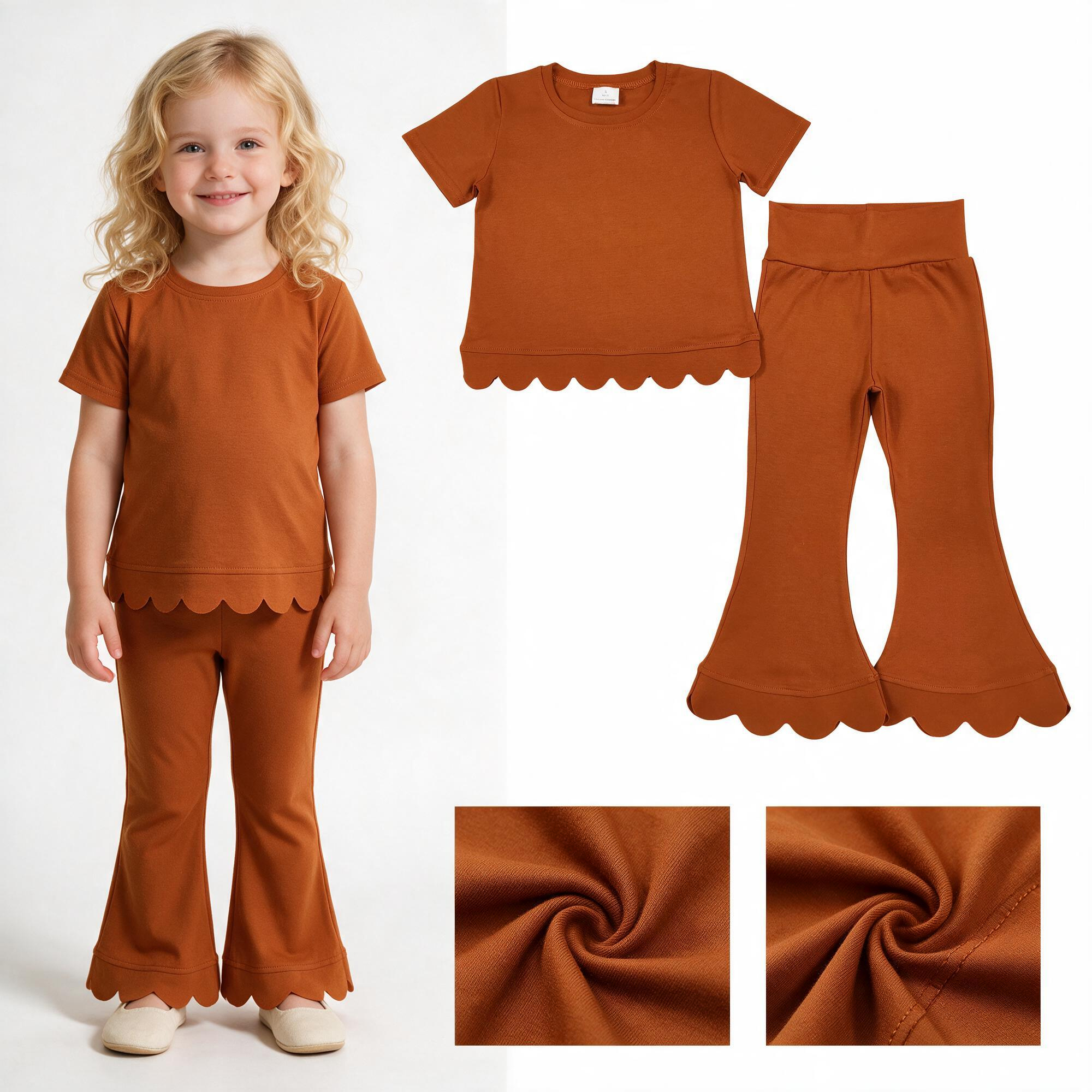 GSPO2345 Terracotta Orange Solid scallop Print short sleeve girl scallop outfits