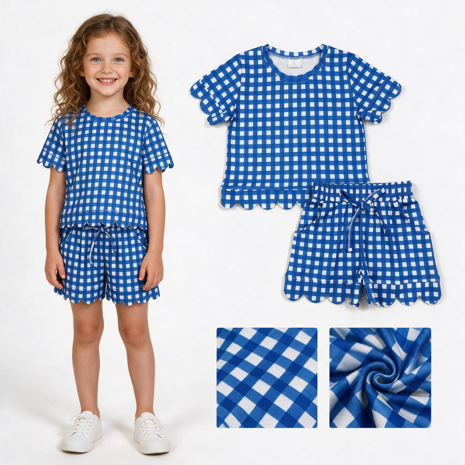 GSSO3837 Blue white plaid Print Short sleeve girl SCALLOP  outfits
