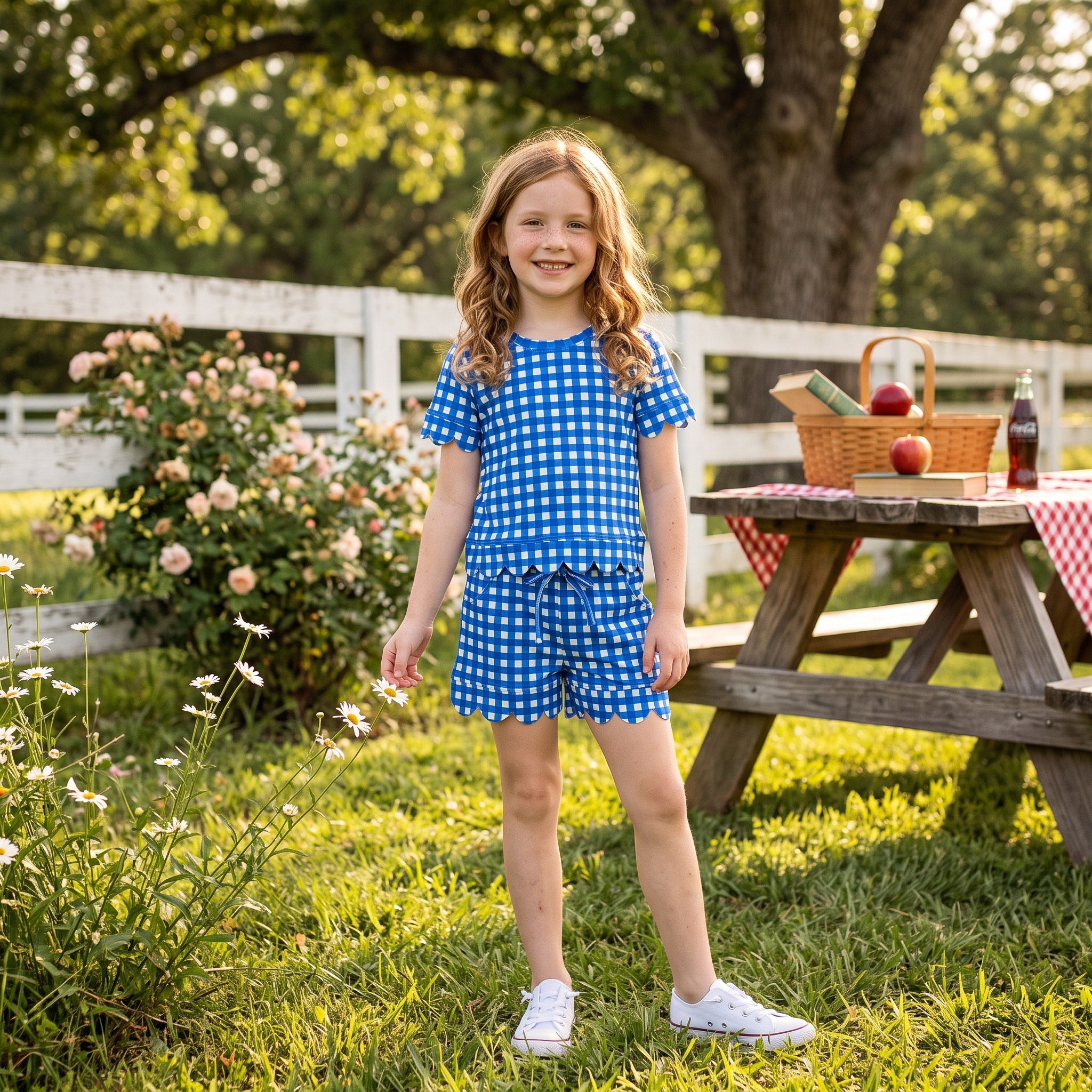 GSSO3837 Blue white plaid Print Short sleeve girl SCALLOP  outfits
