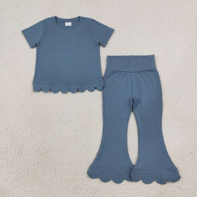 GSPO2339 Dusty BlueSolid scallop Print short sleeve girl scallop outfits