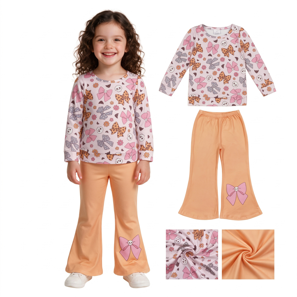 GLP3536 Pink Flowers bows skull print long sleeve girl Halloween outfits