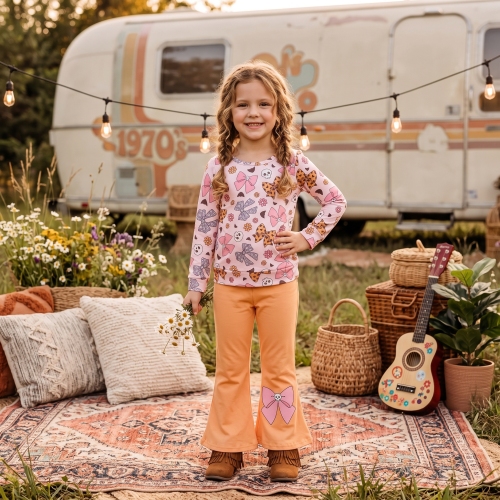 GLP3536 Pink Flowers bows skull print long sleeve girl Halloween outfits