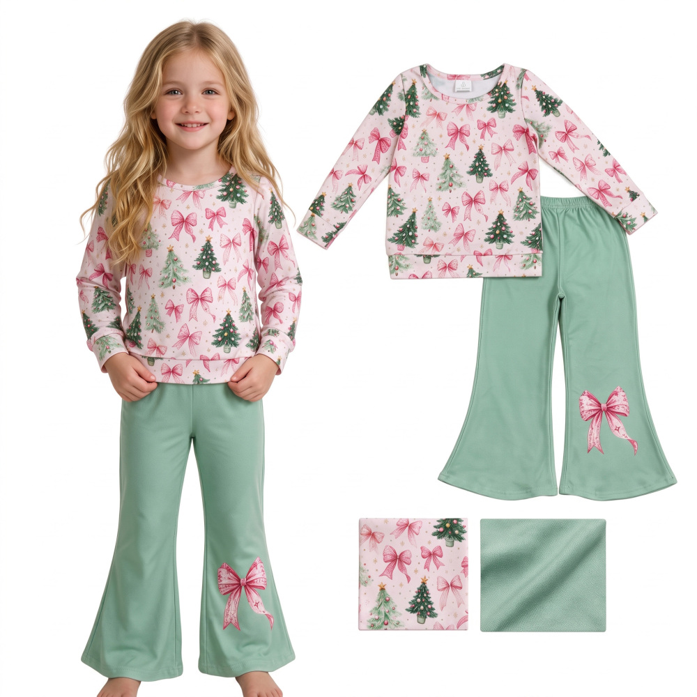 GLP3539 Pink Bows Christmas trees long sleeve girl outfits