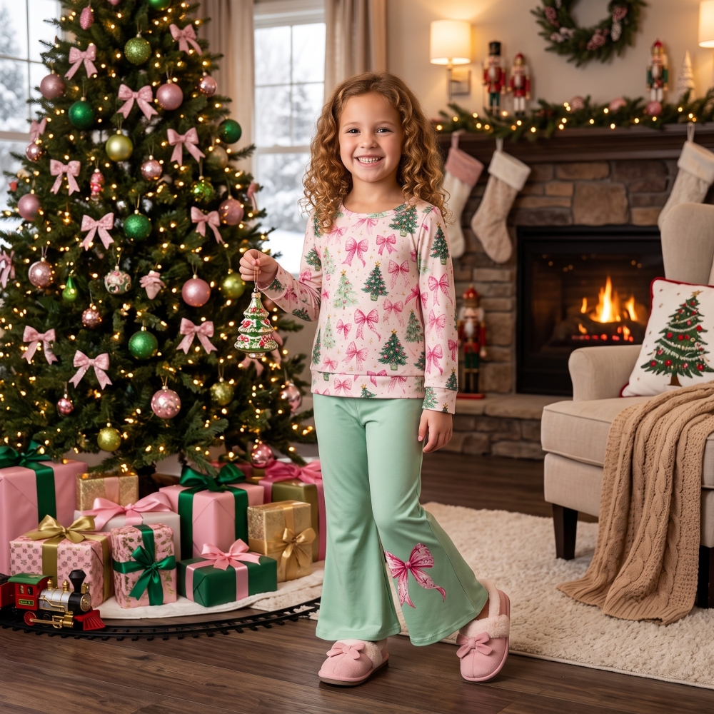 GLP3539 Pink Bows Christmas trees long sleeve girl outfits