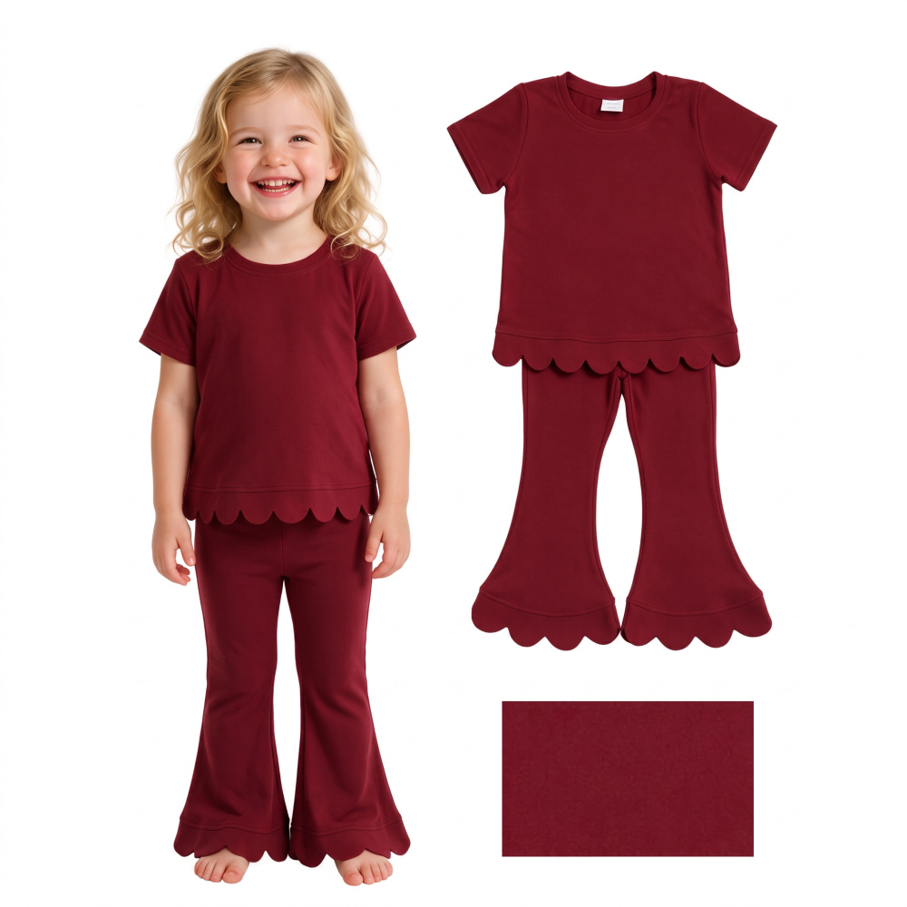 GSPO2344 Red Solid Print short sleeve girl scallop outfits