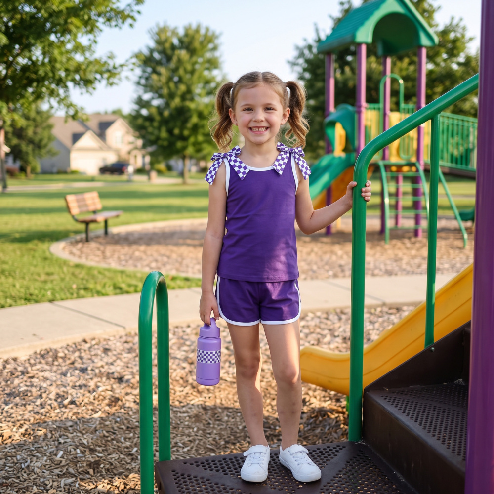 GSSO3814 Baby Girls PUrple solid Sleeveless Top Short school Team Clothes Sets