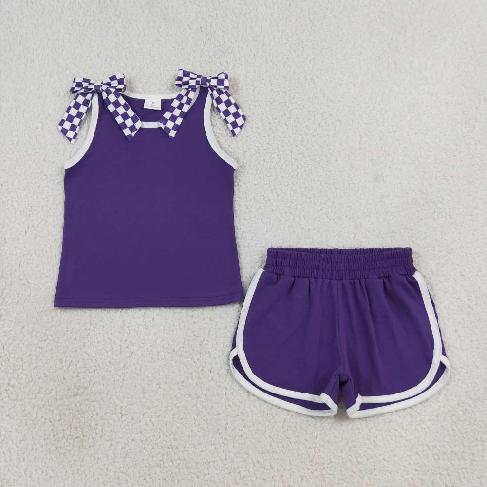 GSSO3814 Baby Girls PUrple solid Sleeveless Top Short school Team Clothes Sets