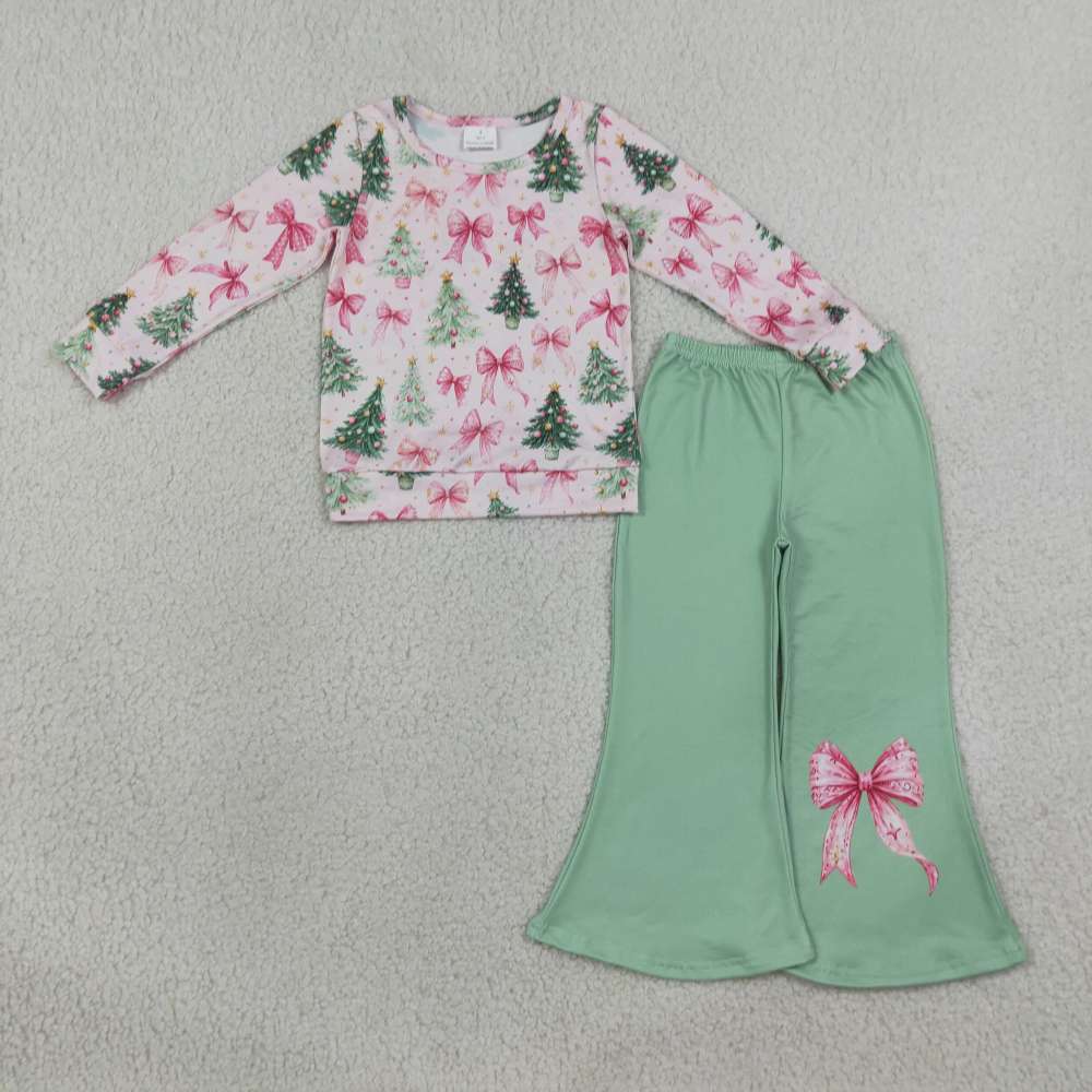 GLP3539 Pink Bows Christmas trees long sleeve girl outfits