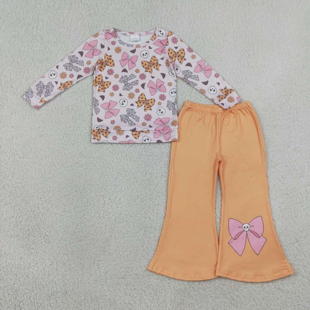 GLP3536 Pink Flowers bows skull print long sleeve girl Halloween outfits