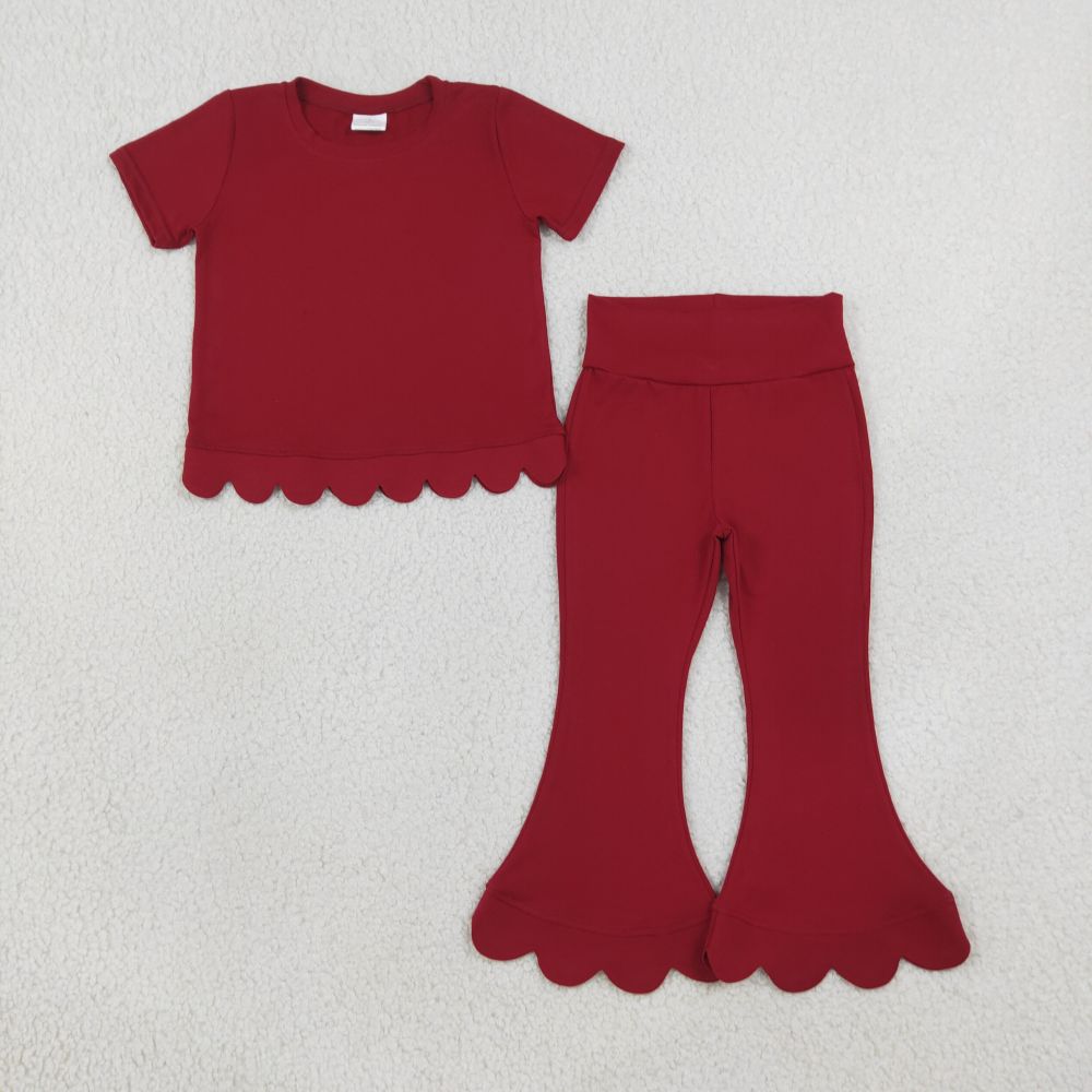 GSPO2344 Red Solid Print short sleeve girl scallop outfits