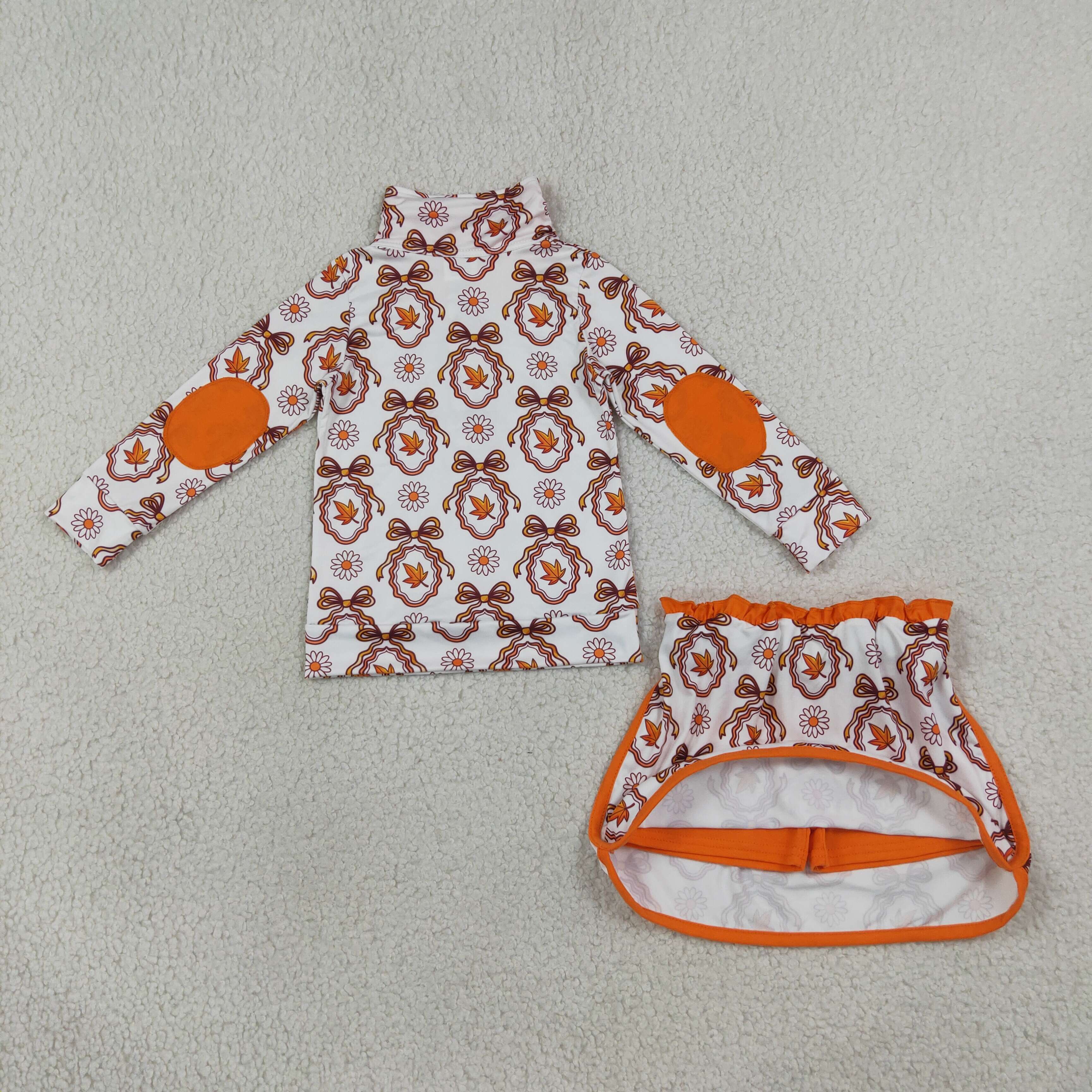 GLD1602 Orange flowers leaves bows print Zipper Long Sleeve Skirt Set