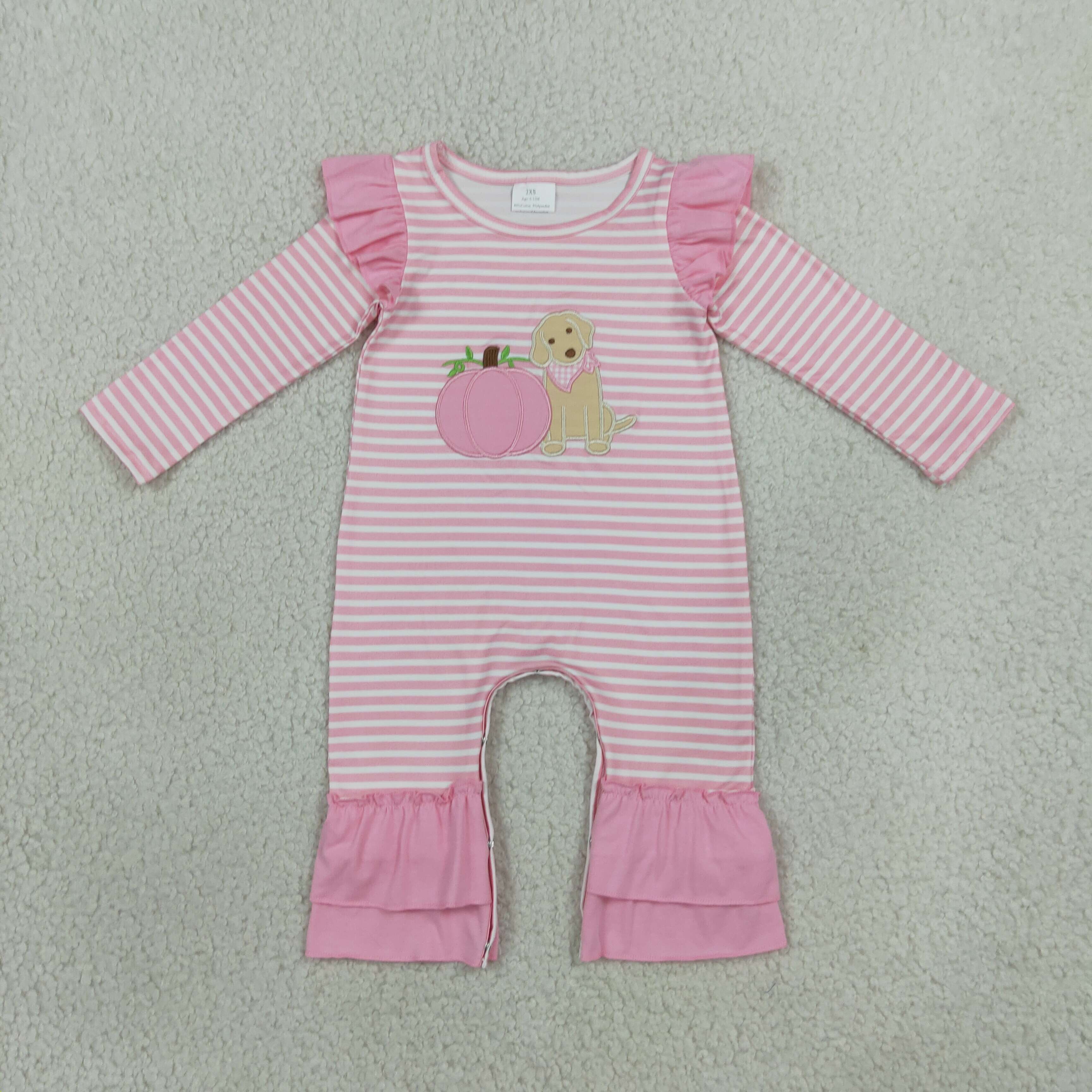 LR3140  Baby Pink pumpkin puppy embroidery stripe  Long sleeve Rompers
