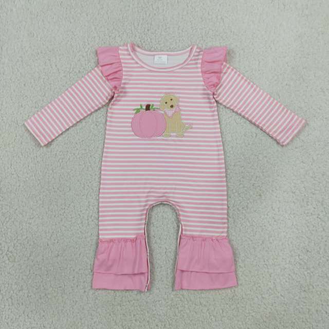LR3140  Baby Pink pumpkin puppy embroidery stripe  Long sleeve Rompers