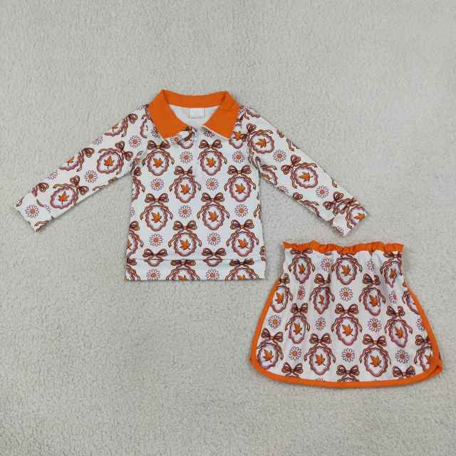 GLD1602 Orange flowers leaves bows print Zipper Long Sleeve Skirt Set