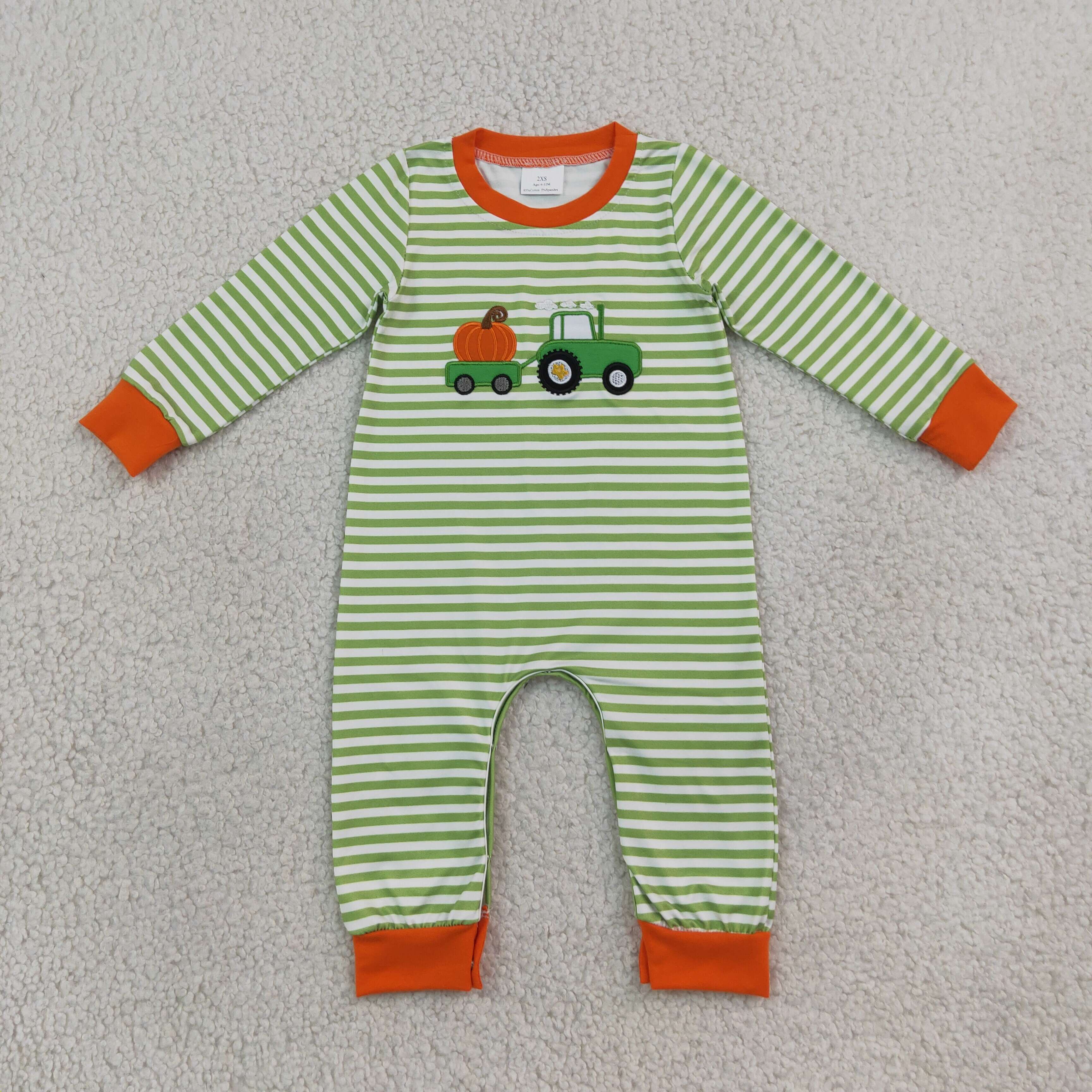 LR3036  Baby Green pumpkin tractor embroidery fall season Long sleeve Rompers
