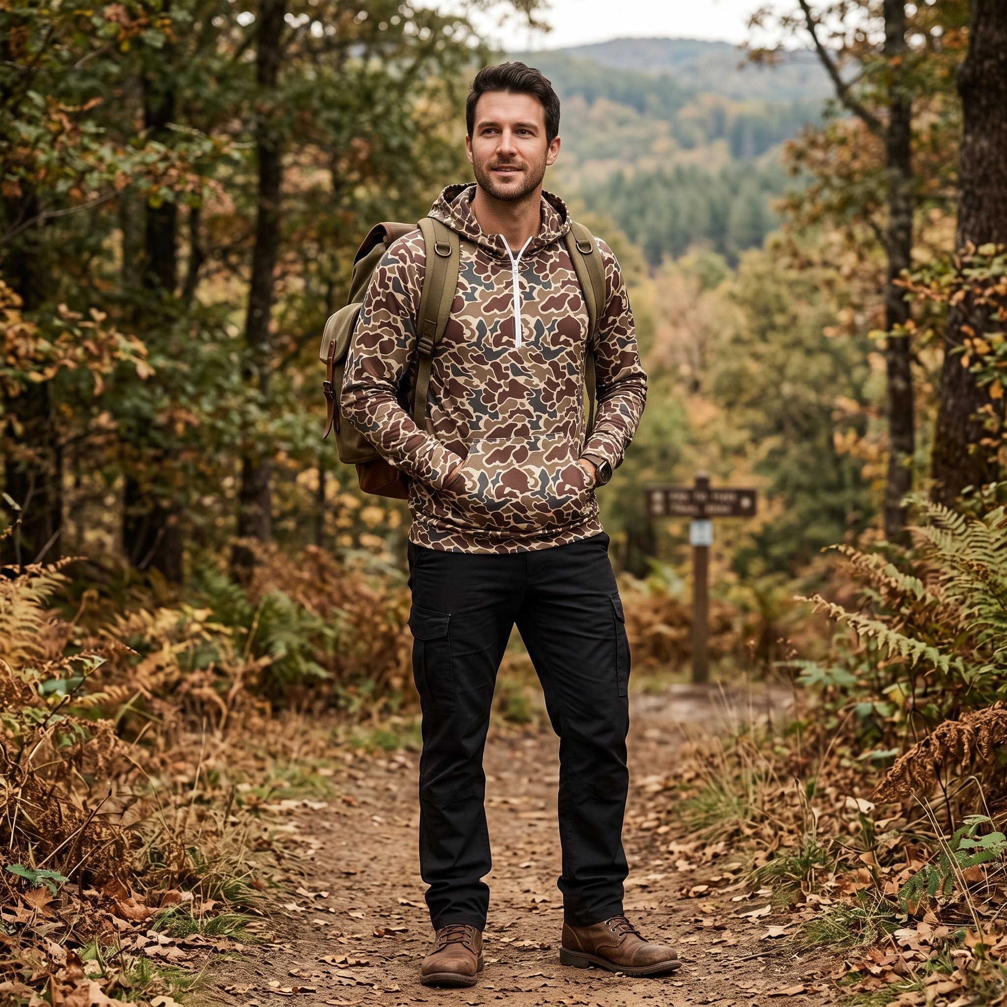 BT1872  Adult Men brown green camo long sleeve  hoodie pocket pullover