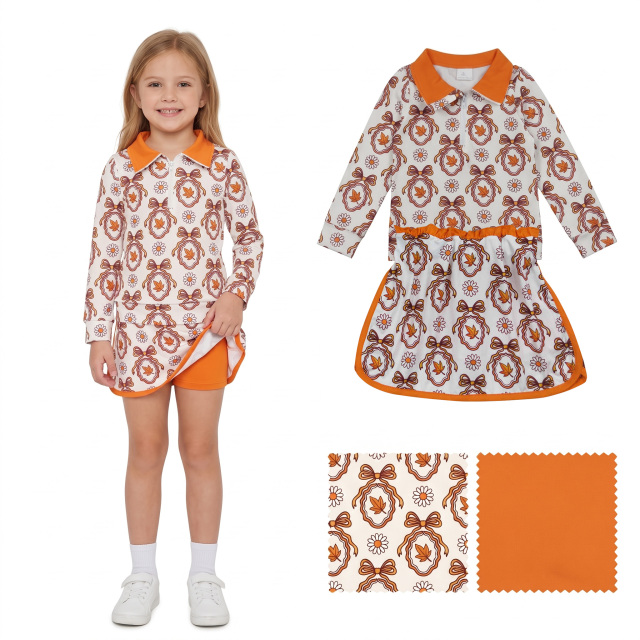 GLD1602 Orange flowers leaves bows print Zipper Long Sleeve Skirt Set