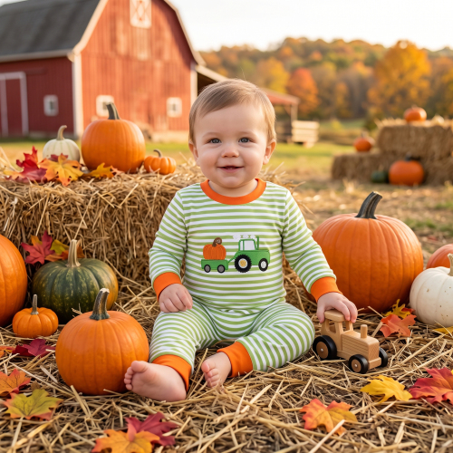LR3036  Baby Green pumpkin tractor embroidery fall season Long sleeve Rompers