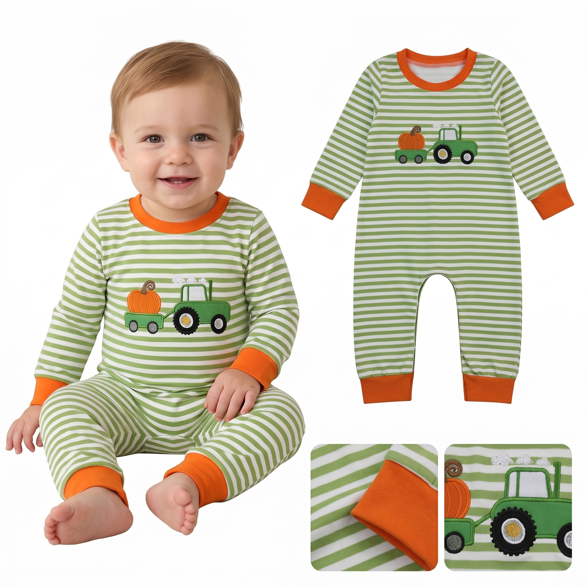 LR3036  Baby Green pumpkin tractor embroidery fall season Long sleeve Rompers