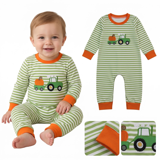 LR3036  Baby Green pumpkin tractor embroidery fall season Long sleeve Rompers