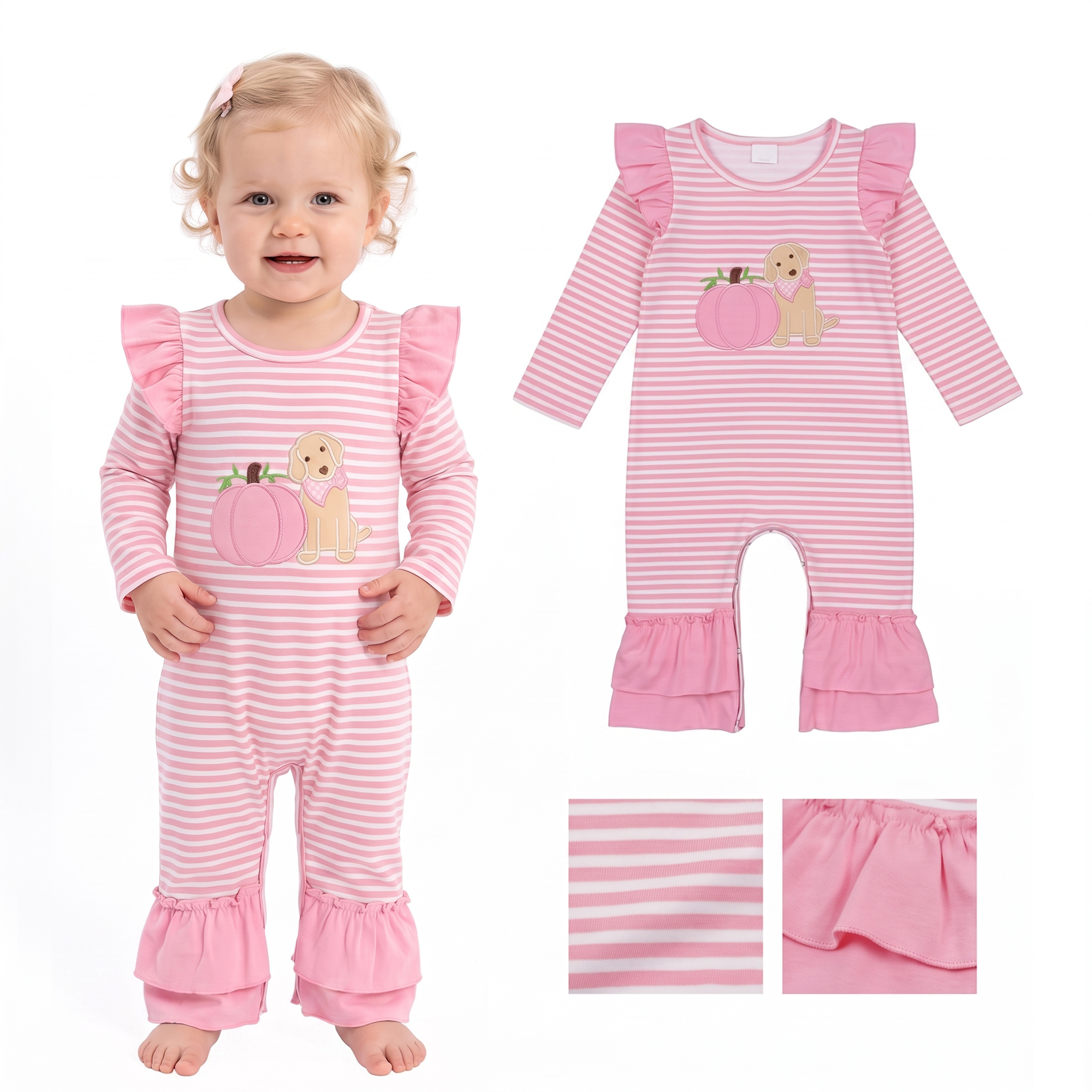 LR3140  Baby Pink pumpkin puppy embroidery stripe  Long sleeve Rompers