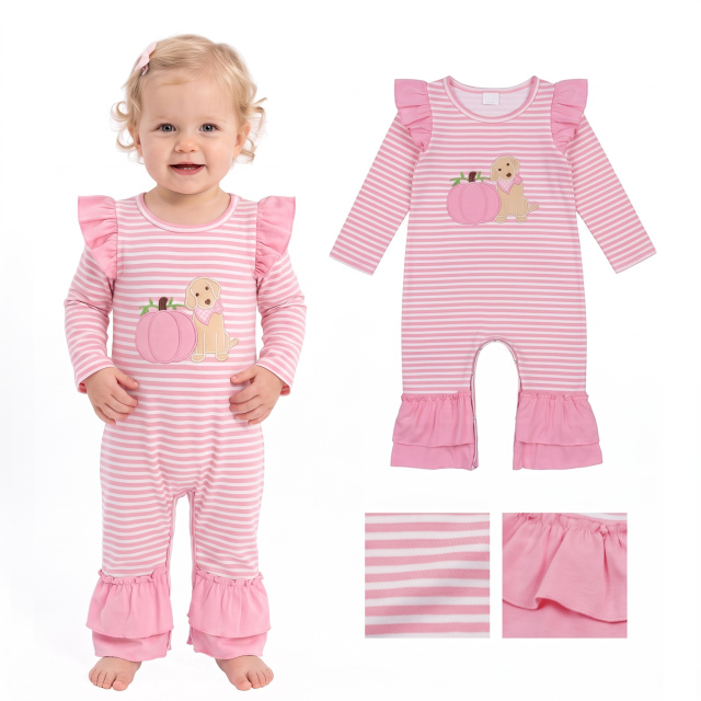LR3140  Baby Pink pumpkin puppy embroidery stripe  Long sleeve Rompers
