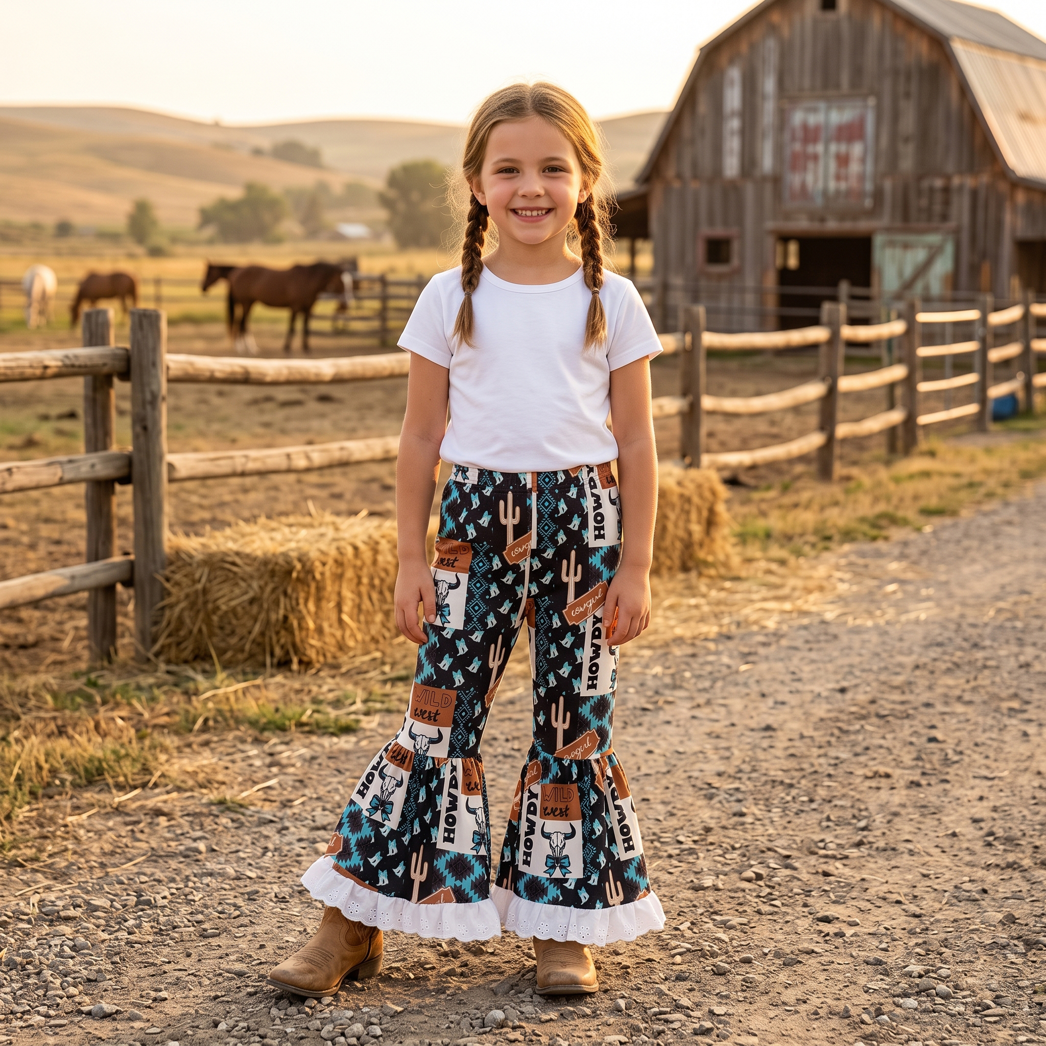 P0781  girl flared trouse Western howdy cattle pants