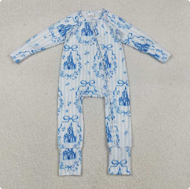 LR2661 Bow Pattern Castle Striped Zipper Long-Sleeved  romper