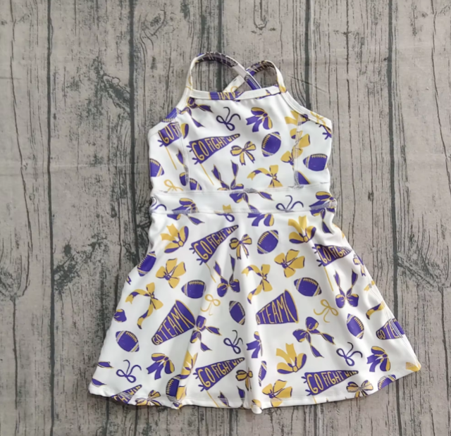GSD2781  RTS  Purple yellow football bows print active girl yoga athletic dress