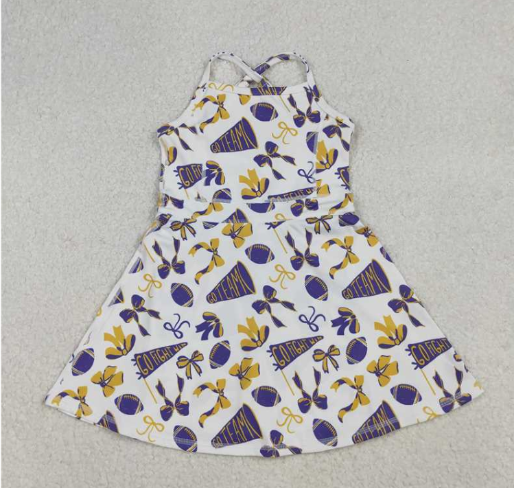GSD2781  RTS  Purple yellow football bows print active girl yoga athletic dress