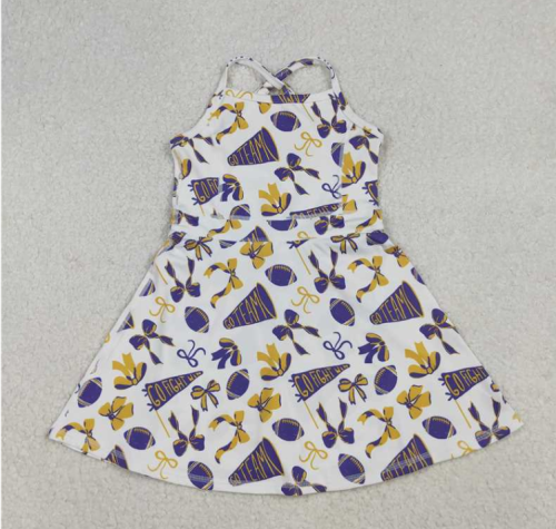 GSD2781  RTS  Purple yellow football bows print active girl yoga athletic dress