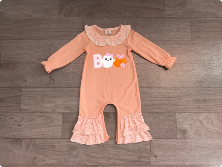 Embroidery Pumpkin Ghost BOO Baby Girls Halloween Ruffle Pant Rompers Preorder