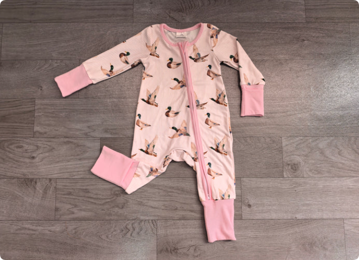 Baby Girls Pink Stripe Ducks Hunting Two Way Zip Convertible Rompers Preorder