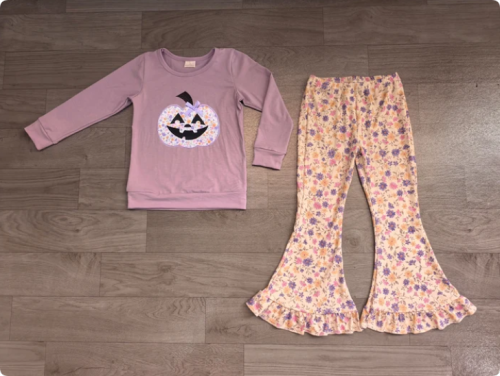 Embroidery Flowers Ghost Pumpkins Baby Girls Top Ruffle Pant Halloween Clothes Set Preorder