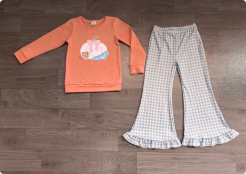 Baby Girls Bow Pumpkins Mouse Top Checked Ruffle Pant Fall Clothes Sets Preorder