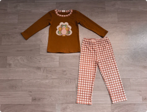 Embroidery Turkey Baby Boys Top Checked Pants Thanksgivings Clothes Set