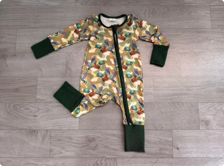 Baby Boys Green Camo Ducks Hunting Two Way Zip Convertible Rompers Preorder