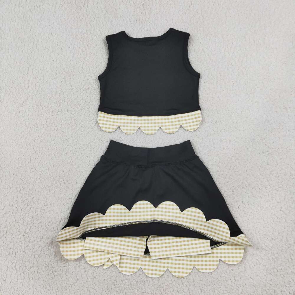 GSD4175  yellow plaid scallop print active girl yoga black skirt dress