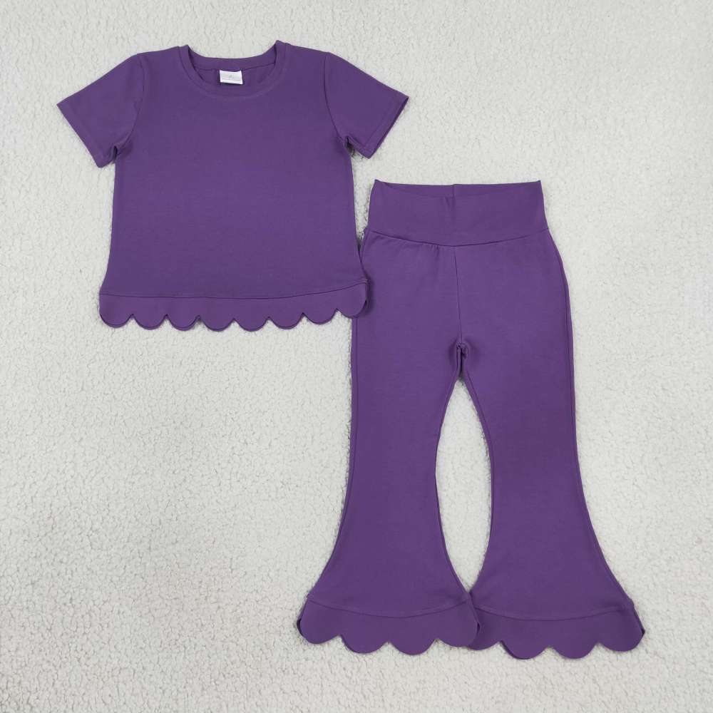 GSPO2346 Purple Solid Print short sleeve girl scallop outfits