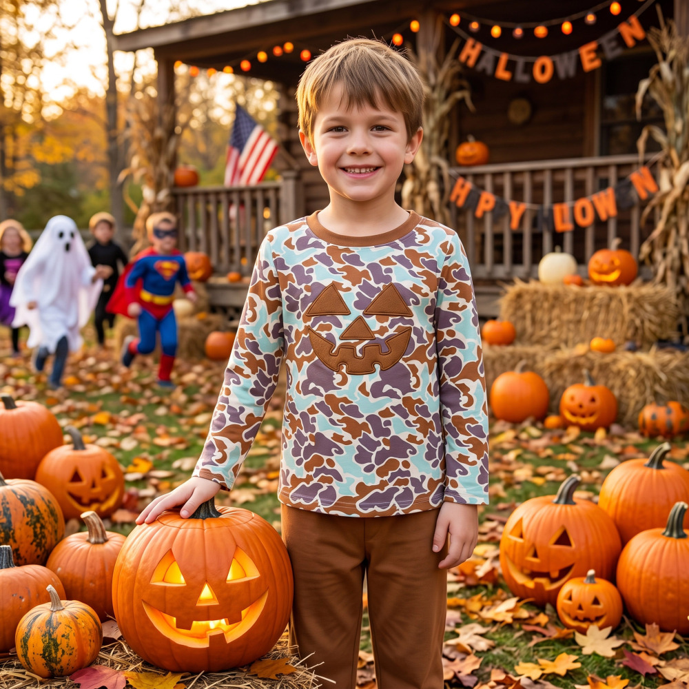 BLP1193 RTS camo pumpkin embroidery long sleeve boy outfits