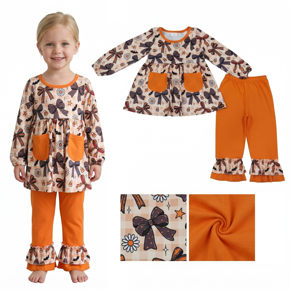 GLP3534  Halloween candy bows bat print long sleeve girl Halloween outfits