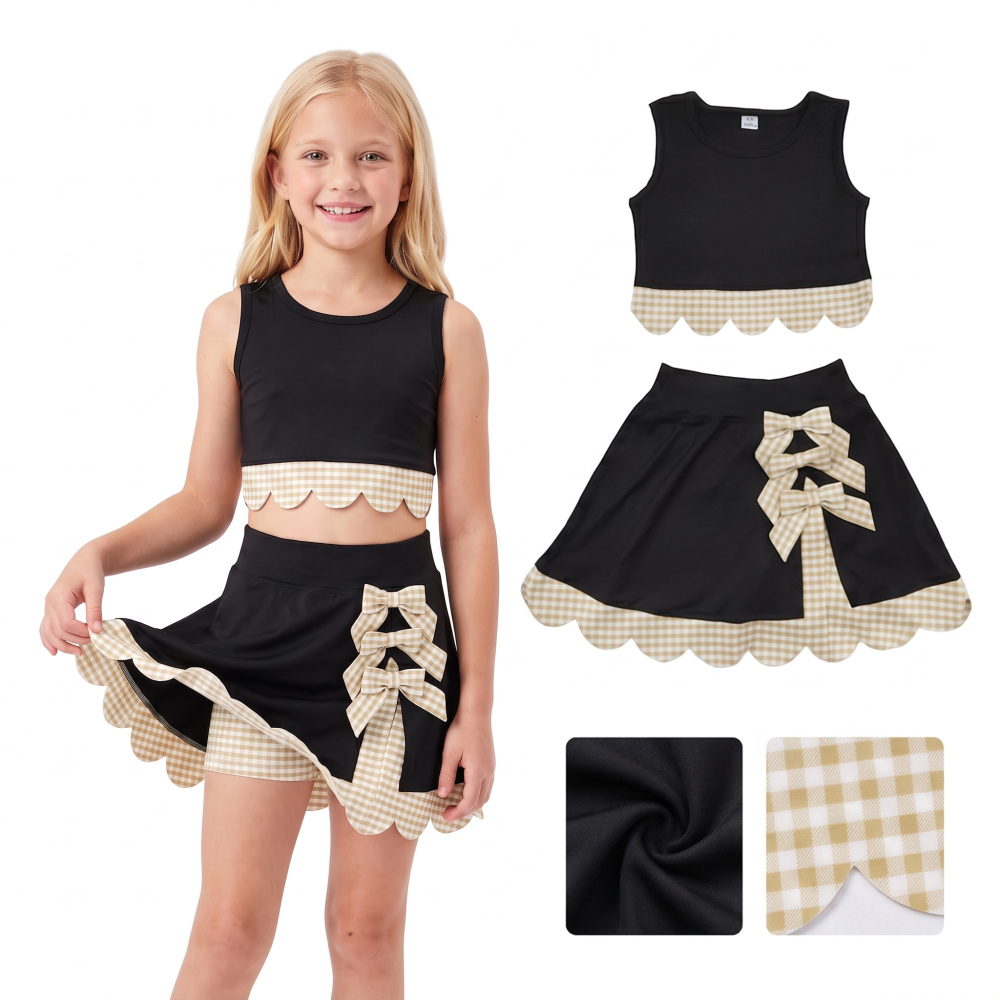 GSD4175  yellow plaid scallop print active girl yoga black skirt dress
