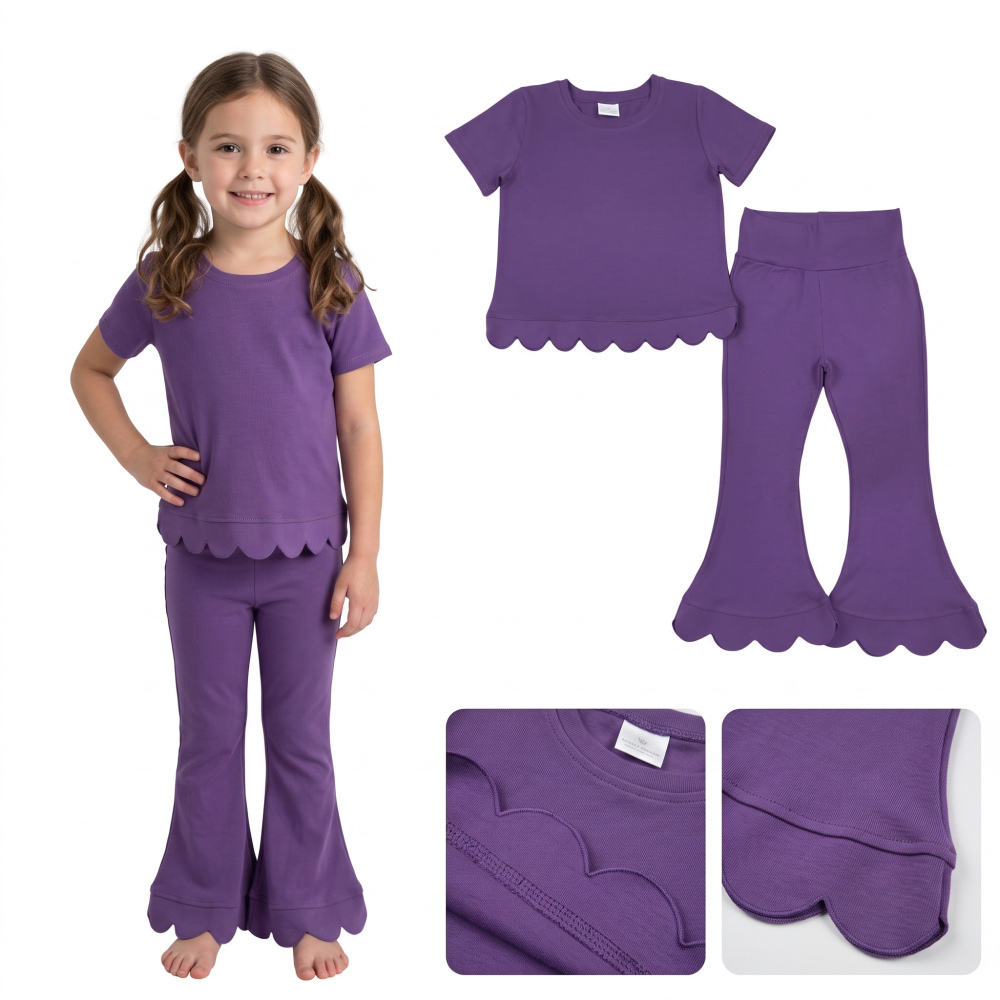 GSPO2346 Purple Solid Print short sleeve girl scallop outfits