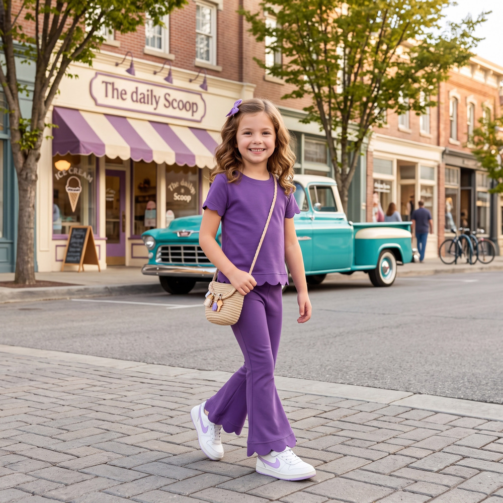 GSPO2346 Purple Solid Print short sleeve girl scallop outfits